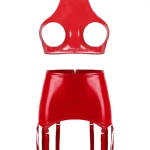 YZYif Patent Leather Open-Cup Garter Set - Glossy High-Neck Hollow Bra Top + Mini Skirt + Metal Garters - Black/Red Erotic BDSM Queen Lingerie 3