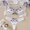 Floral Embroidery See-Through Lingerie Set - Blue-Purple Push-Up Bra & Thong - White Semi-Transparent Lace Luxury 2-Piece Exotic Underwear 1