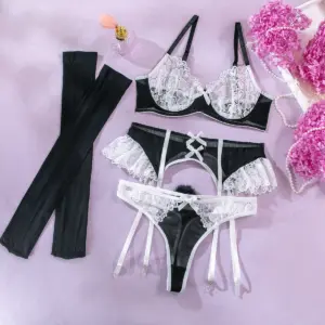 Sexy Lace Mesh Nurse Lingerie Set - Sweet Perspective Splicing Bra Garter Thong with Stockings 1