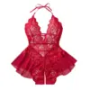 Red Lace Halter Teddy Babydoll - Deep V Ruffled Lingerie Set 1