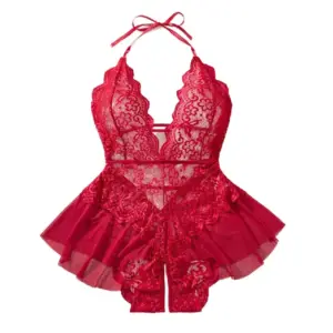 Red Lace Halter Teddy Babydoll - Deep V Ruffled Lingerie Set 1