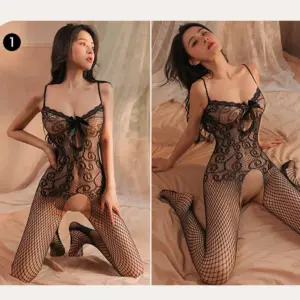 High Waist Fishnet Open Crotch Bodystocking – Sheer Sexy Long Leg Teddy 2