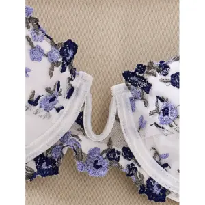 Floral Embroidery See-Through Lingerie Set - Blue-Purple Push-Up Bra & Thong - White Semi-Transparent Lace Luxury 2-Piece Exotic Underwear 3