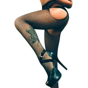 Rhinestone Crystal Fishnet Crotchless Pantyhose - Shiny Bling Thigh-High Stockings for Women (Plus Size) 5