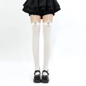 Gothic Cross Suspender Thigh-High Stockings - Adjustable Garter with Charm Over-Knee Socks (Black/White) 4