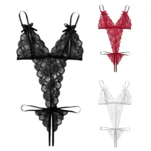 Lace Hollow Bodysuit - Deep V Bow Sling Sheer Erotic Nightwear 4