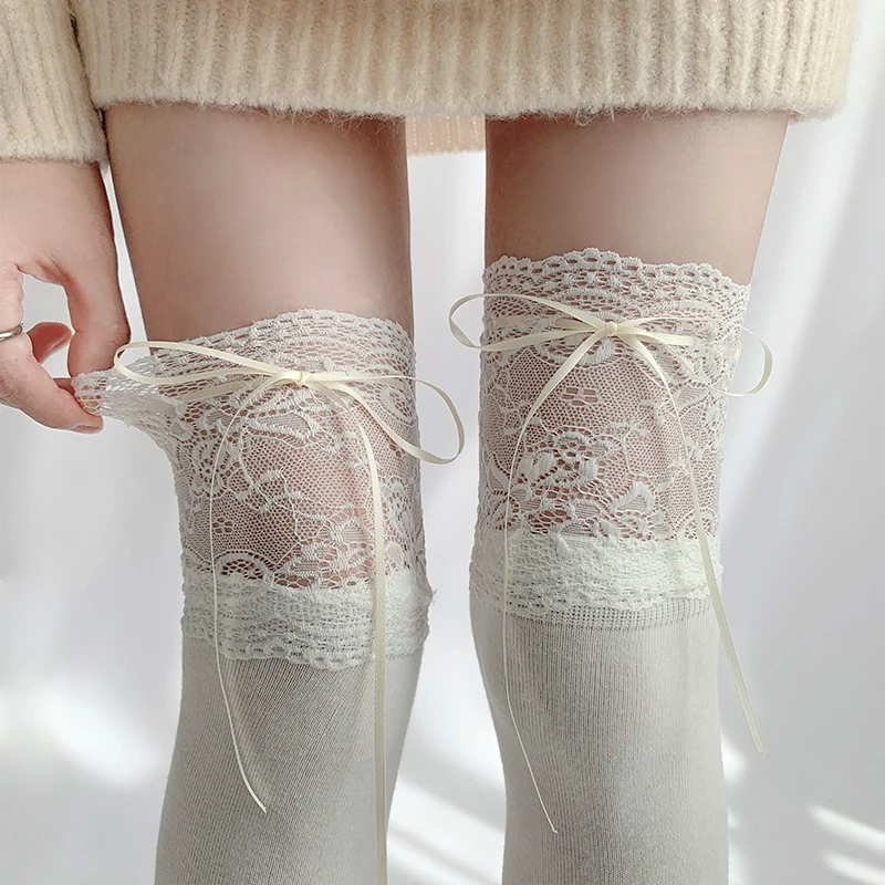 Lace Ribbon Tie Thigh-High Stockings - Cute Lolita Over-Knee Socks with Bow Cuffs (White/Pink 2-Pair Set) 1