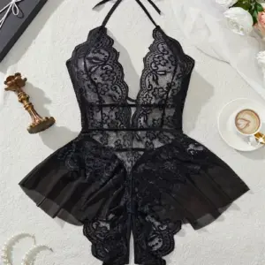 Red Lace Halter Teddy Babydoll - Deep V Ruffled Lingerie Set 2