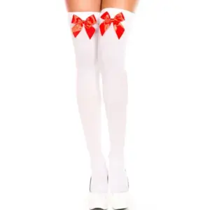 Cute Bow Over-the-Knee Stockings - Sheer Thigh-High with Satin Bows (White/Black + Pink/Red Bow Options) 4