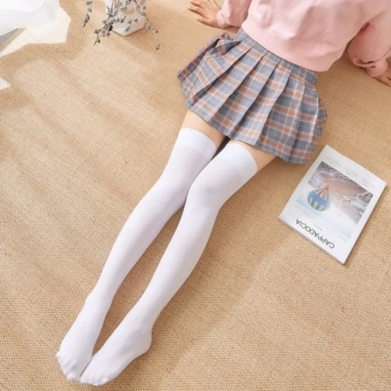 Lolita Thigh-High Socks – Solid Color Over-Knee Tights Black/White 5