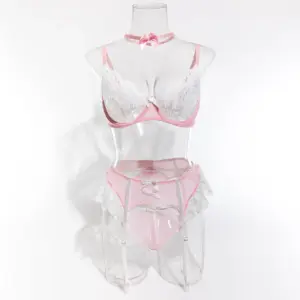 Sexy Lace Mesh Nurse Lingerie Set - Sweet Perspective Splicing Bra Garter Thong with Stockings 3