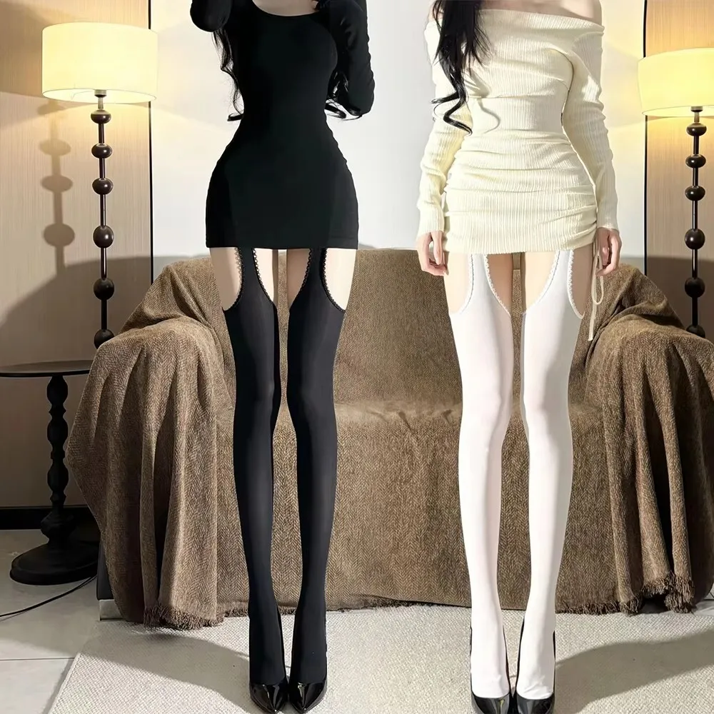 Lolita Suspender Thigh-High Stockings with Wide Lace & Garters - Sexy White Over-Knee Tights for Women 1