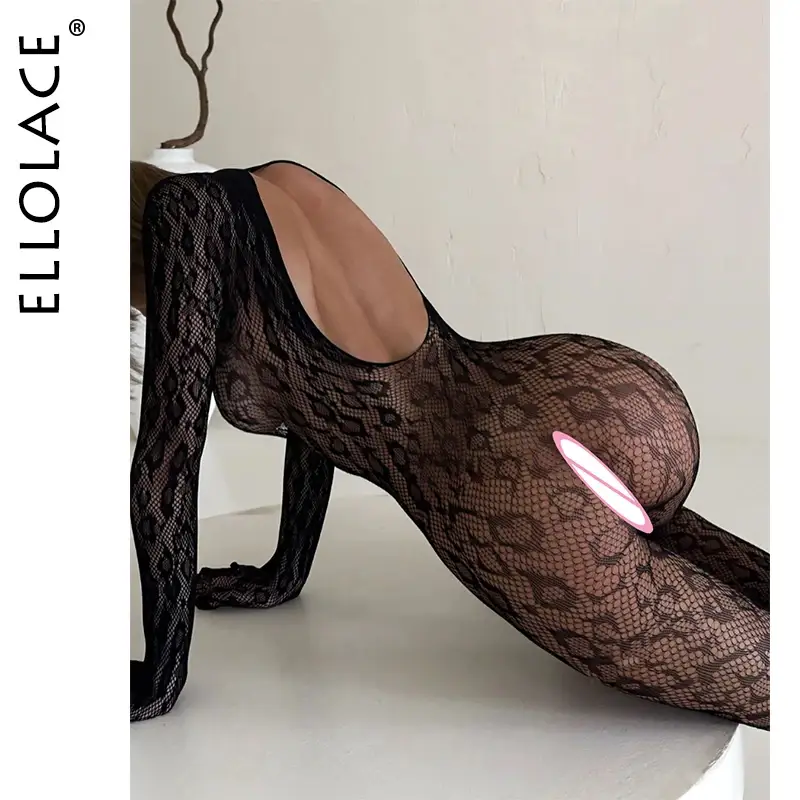 Sexy Snake Pattern Lace Bodystocking - Deep Backless Long Sleeve Sheer Jumpsuit 1