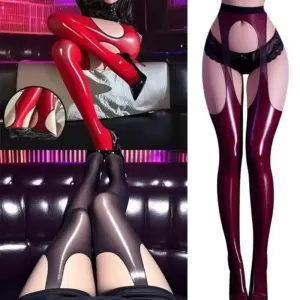 Glossy Oil Sheen Thigh-High Stockings with Four-Sided Hollow Out - Sexy Wet Look Tights in Black, Red, White 1