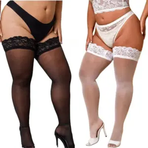 Plus Size Lace Top Thigh High Stockings - Sexy Sheer Over-Knee Socks with Silicone Anti-Slip for Curvy Women 4