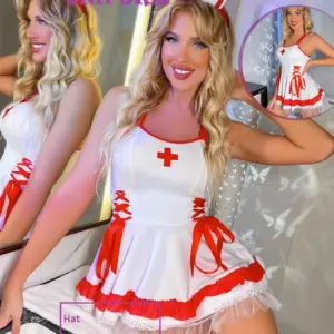 Sexy Backless Nurse Lingerie - Black/White Lace Sling Mini Dress with Red Ribbon & Cap 4