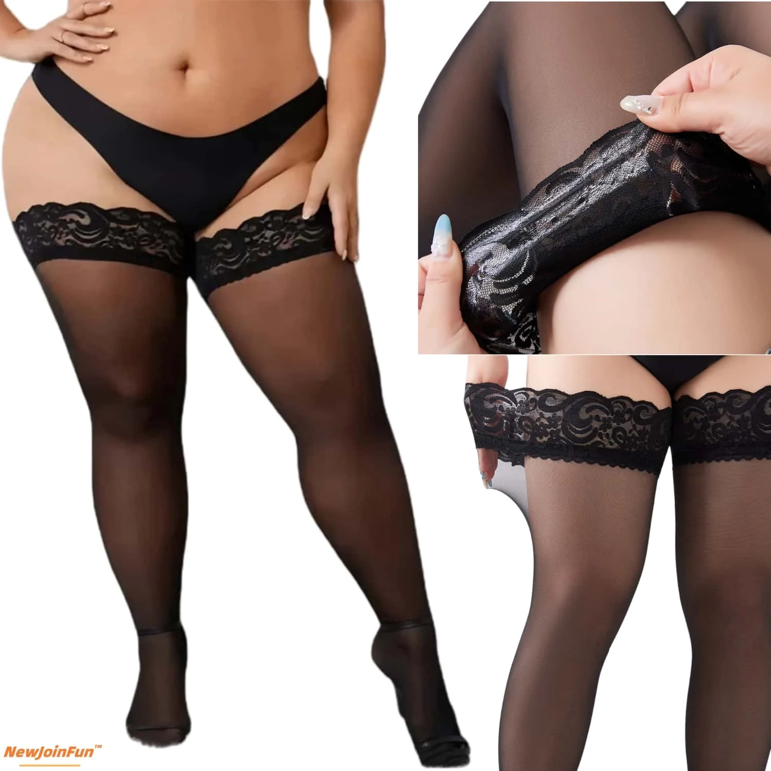 Plus Size Lace Top Thigh High Stockings - Sexy Sheer Over-Knee Socks with Silicone Anti-Slip for Curvy Women 2