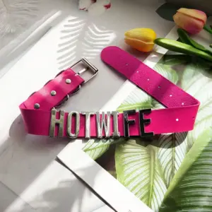 HOTWIFE Letter Choker – Red PU Leather Adjustable Collar, Couple Role-Play Fashion Accessory 3