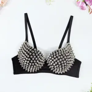 Spiked Stud Bra - Black Rhinestone Rivet Push-Up Top for Edgy Fashion & Performance 4