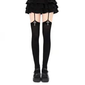 Gothic Cross Suspender Thigh-High Stockings - Adjustable Garter with Charm Over-Knee Socks (Black/White) 3