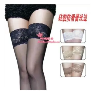 Sexy Lace Thigh-High Stockings with Anti-Slip Silicone - Sheer Transparent Over-Knee Hosiery for Women (Black/Nude) 2