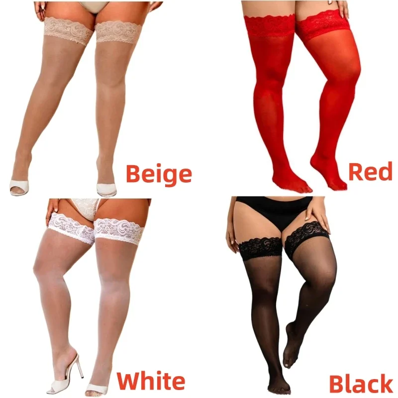 Plus Size Lace Top Thigh High Stockings - Sexy Sheer Over-Knee Socks with Silicone Anti-Slip for Curvy Women 14 941620026