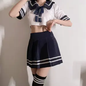 Plus Size Sexy Sailor Schoolgirl Cosplay - Navy White Crop Top Mini Skirt Set with Bow & Striped Socks 4