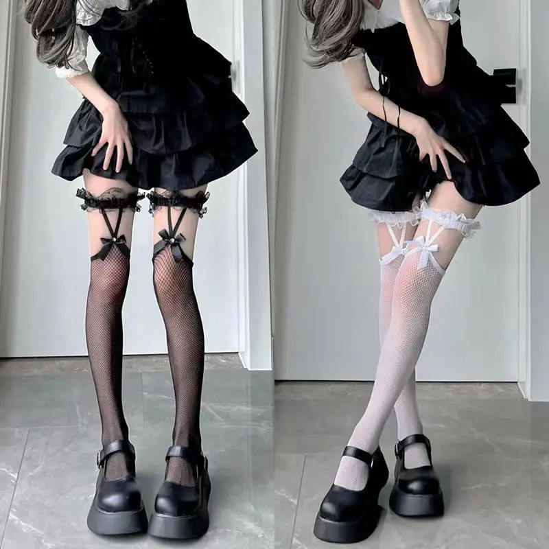 Lace Bow Suspender Fishnet Thigh High Stockings – JK Lolita Socks 5 Lace Bow Suspender Fishnet Thigh High Stockings – JK Lolita Socks 5