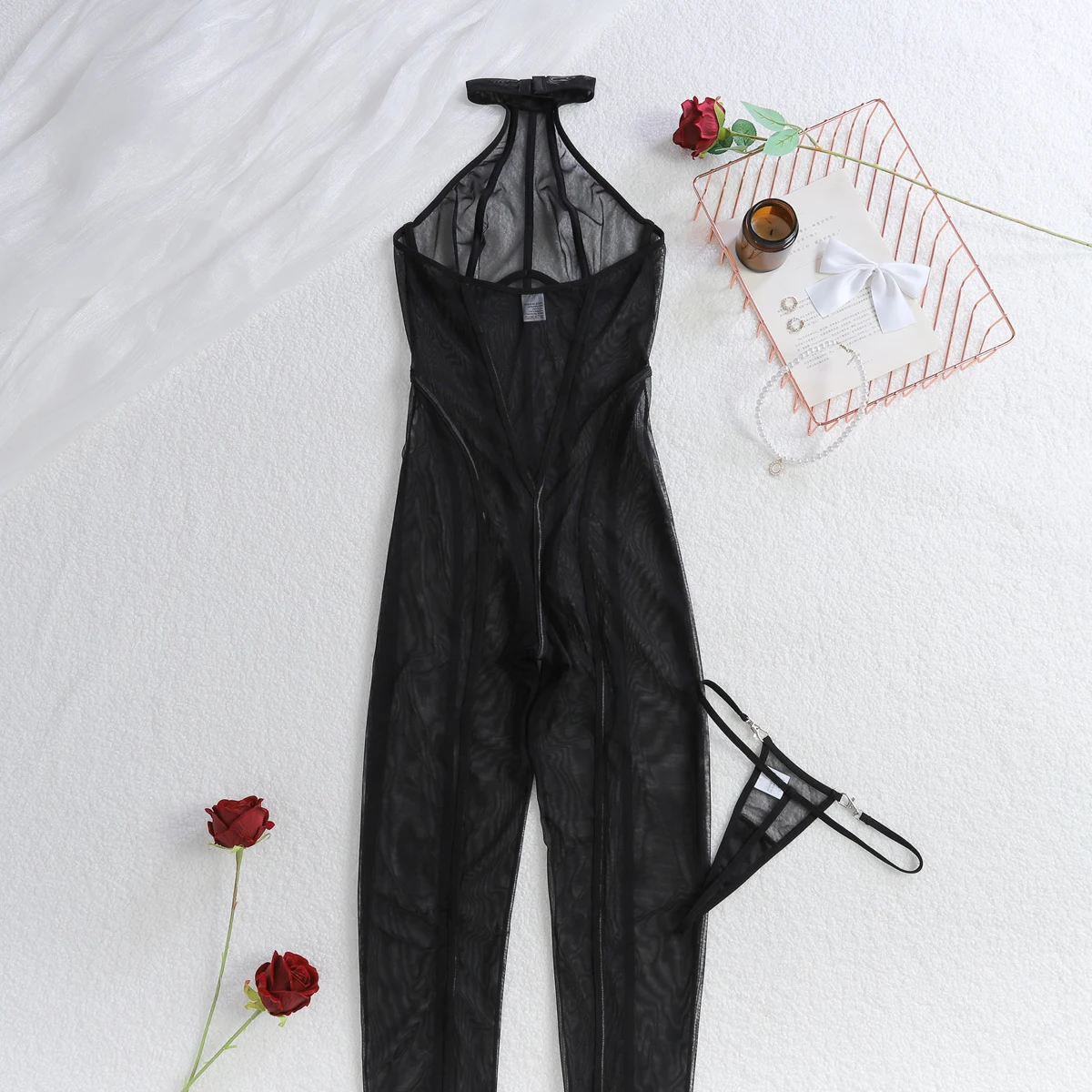 Plus Size Striped Halter Sheer Bodysuit – Sexy Backless Mesh Lingerie Jumpsuit 17 1610555510