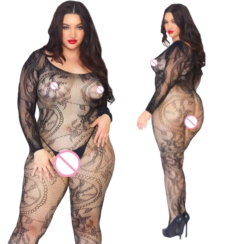 Plus Size Snake Pattern Fishnet Bodystocking – Sexy Long Sleeve Mesh Lingerie for Curvy Women 10 2006137926
