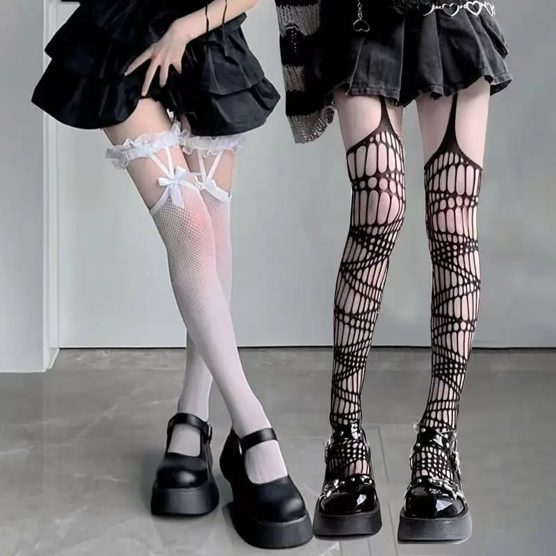 Lace Bow Suspender Fishnet Thigh High Stockings – JK Lolita Socks 4 Lace Bow Suspender Fishnet Thigh High Stockings – JK Lolita Socks 4