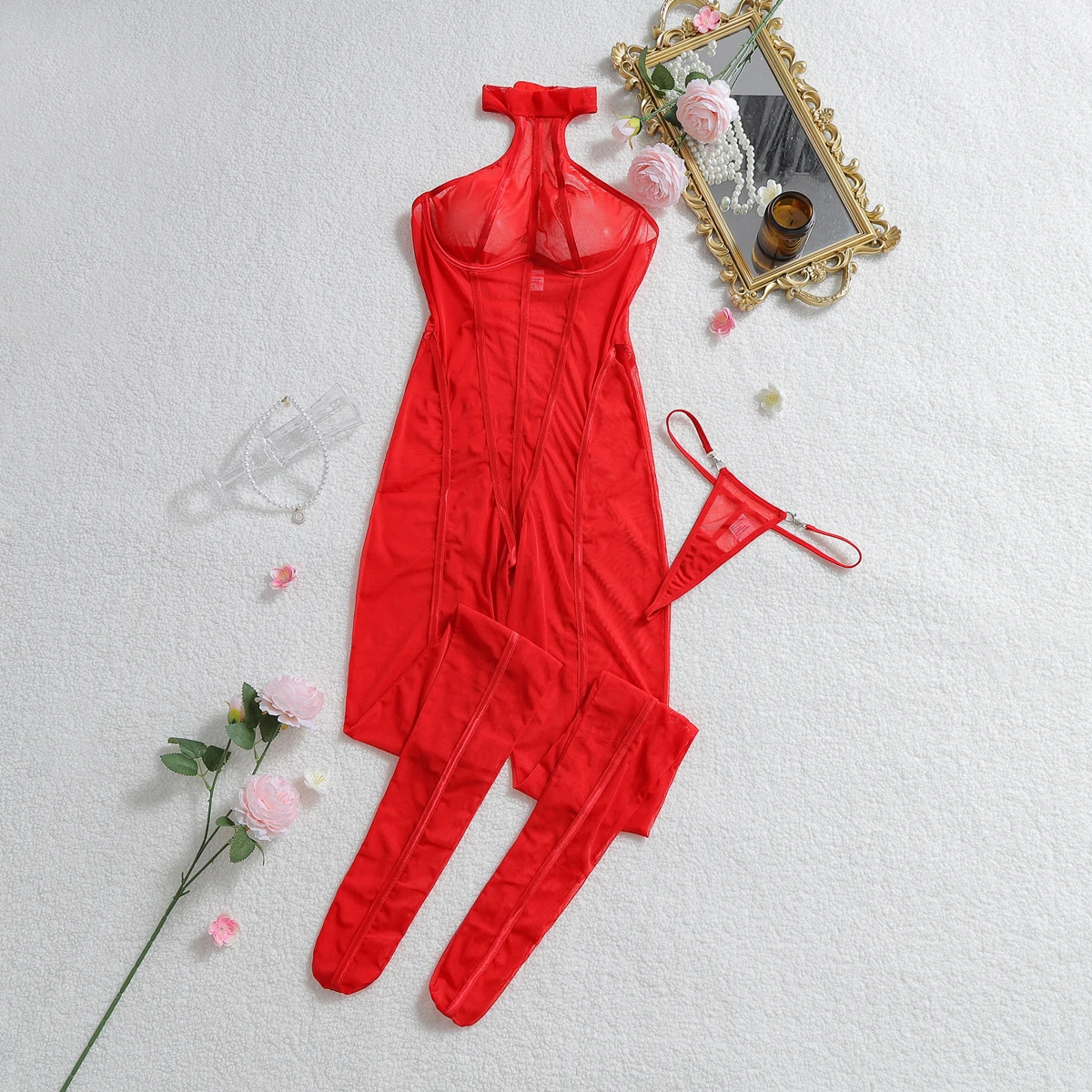 Plus Size Striped Halter Sheer Bodysuit – Sexy Backless Mesh Lingerie Jumpsuit 23 2309011838