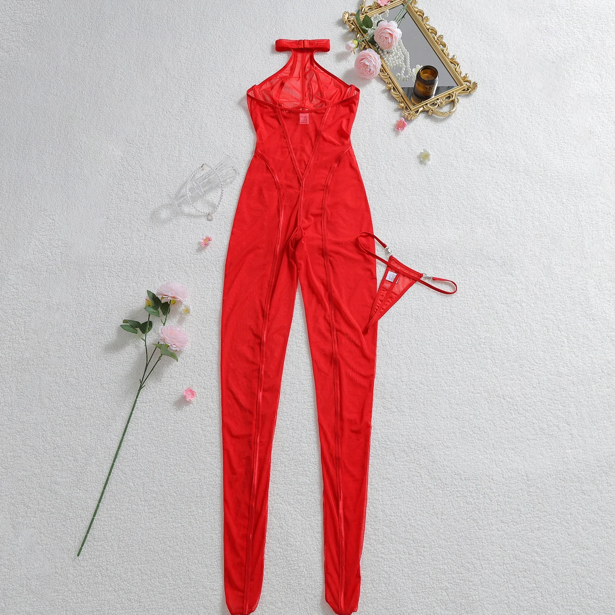 Plus Size Striped Halter Sheer Bodysuit – Sexy Backless Mesh Lingerie Jumpsuit 25 2739790239