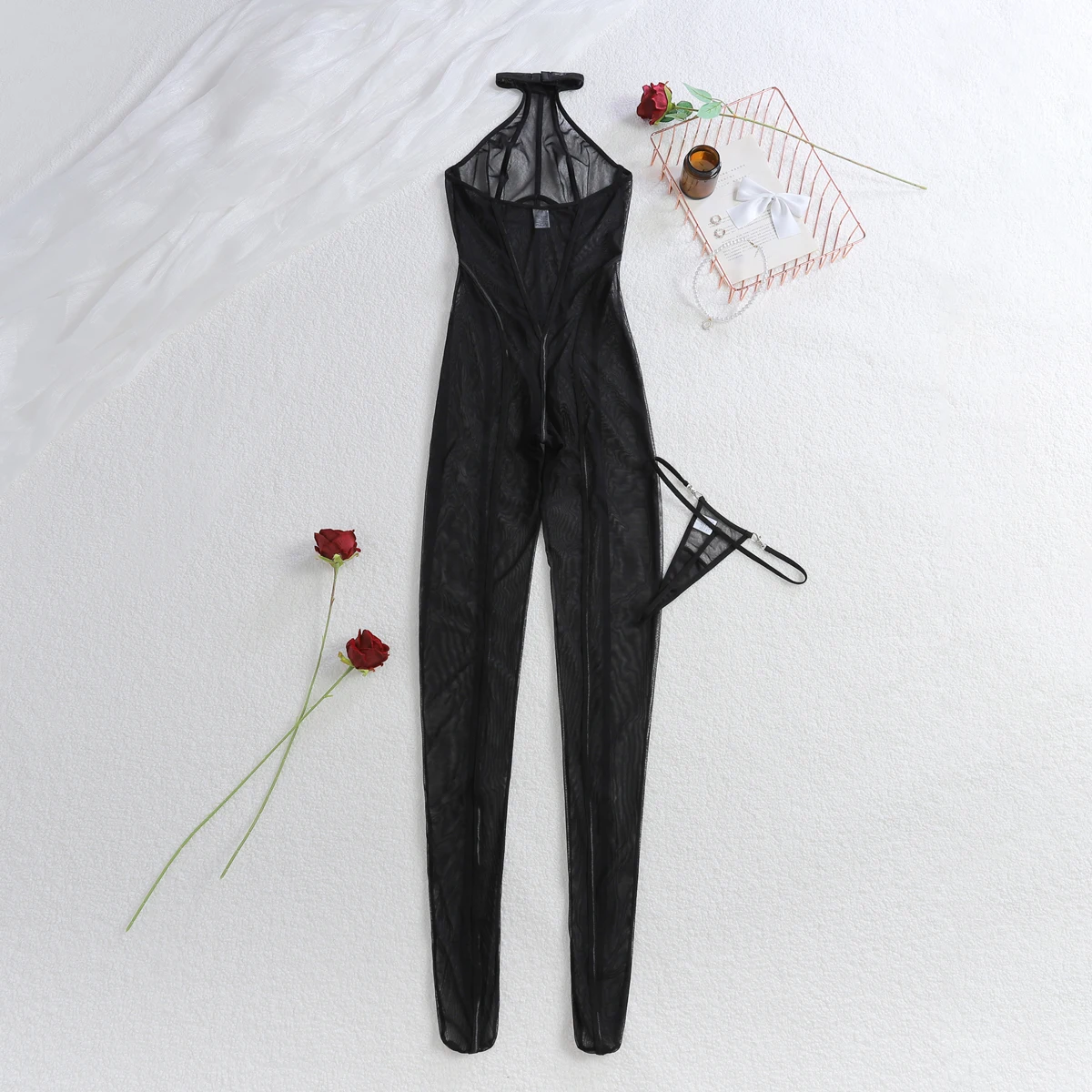 Plus Size Striped Halter Sheer Bodysuit – Sexy Backless Mesh Lingerie Jumpsuit 16 3887073118