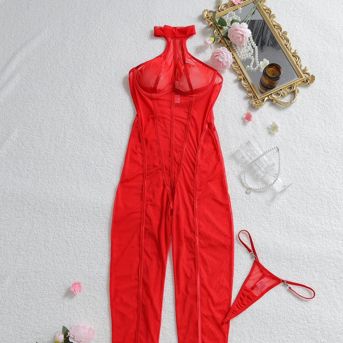 Plus Size Striped Halter Sheer Bodysuit – Sexy Backless Mesh Lingerie Jumpsuit 20 69399676