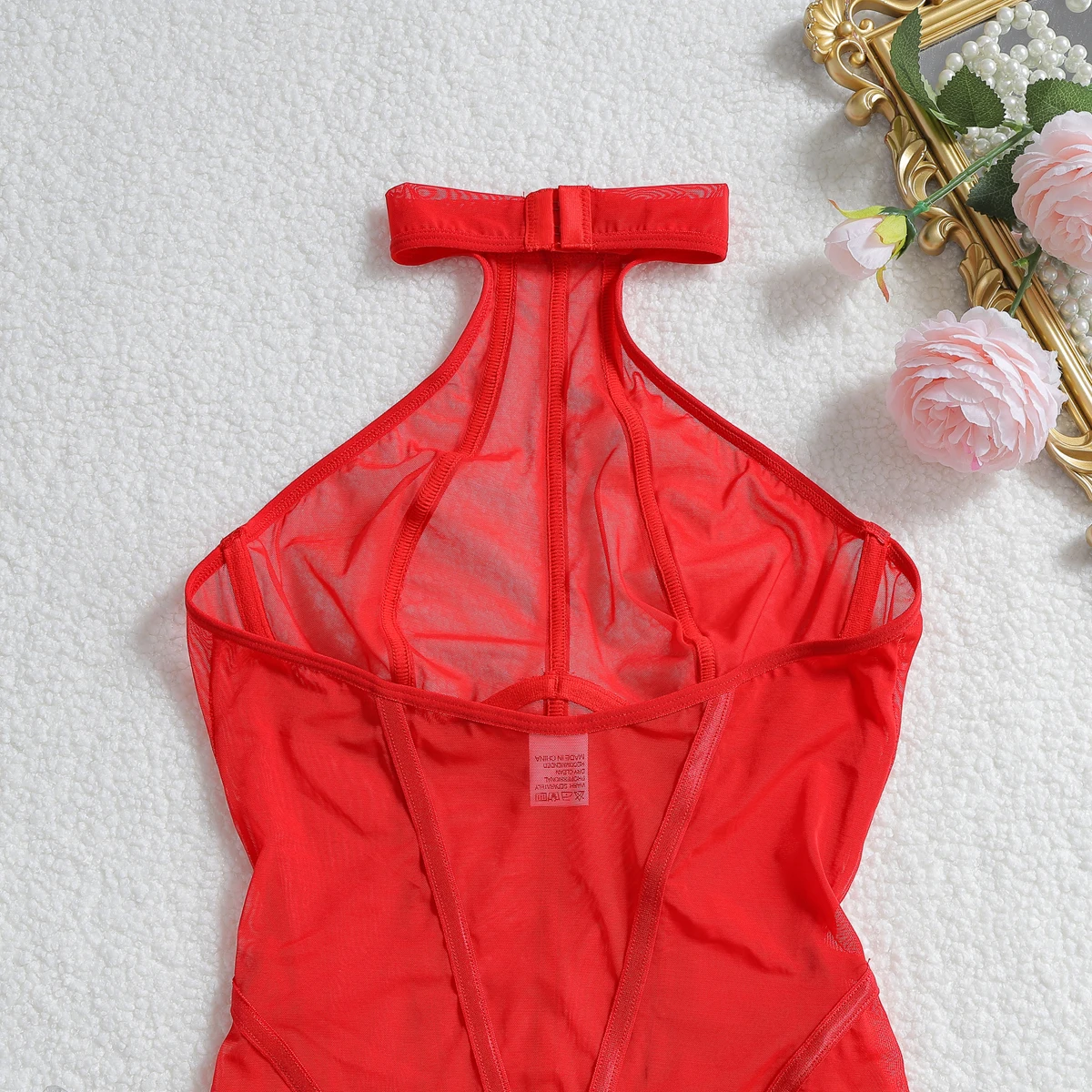 Plus Size Striped Halter Sheer Bodysuit – Sexy Backless Mesh Lingerie Jumpsuit 26 866629086